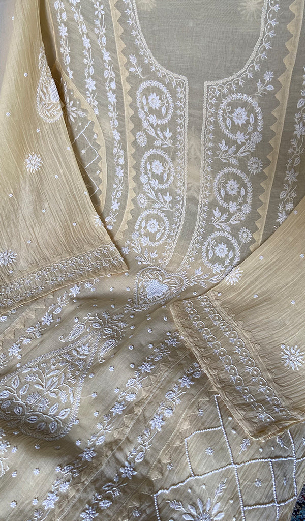 Women's Lakhnavi Handcrafted Mul Chanderi Semi - stitched Chikankari Full Suit Material - HONC0360094