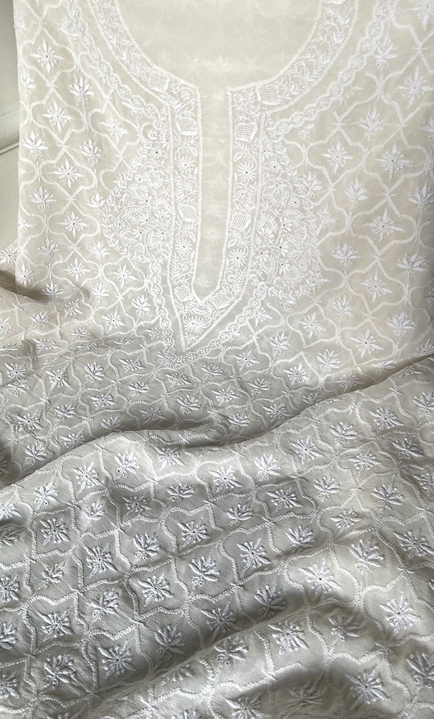 Lucknowi Handcrafted Pure Silk Georgette Chikankari Unstitched Men's Kurta Fabric - HONC0313305