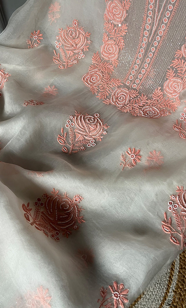 Women's Lakhnavi Handcrafted Pure Organza Chikankari Unstitched Kurta And Dupatta Set - HONC030677