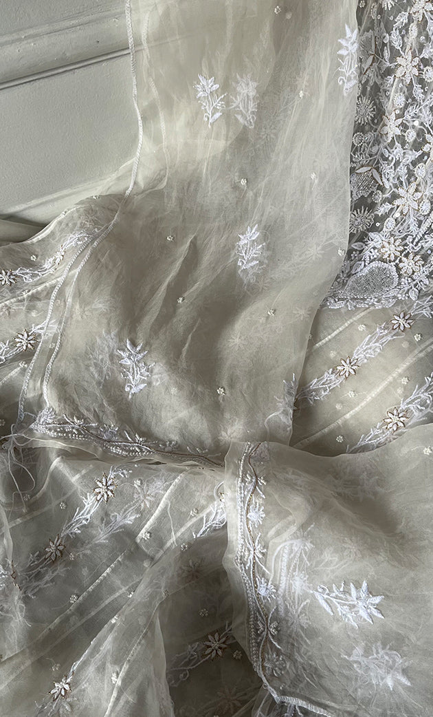 Women's Lakhnavi Handcrafted Pure Organza Chikankari Semi -stitched Anarkali And Dupatta Set - HONC0328513