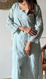 Load image into Gallery viewer, Arezo Women's Lucknowi Handcrafted Mul Chanderi Chikankari Kurti - HONC0345735