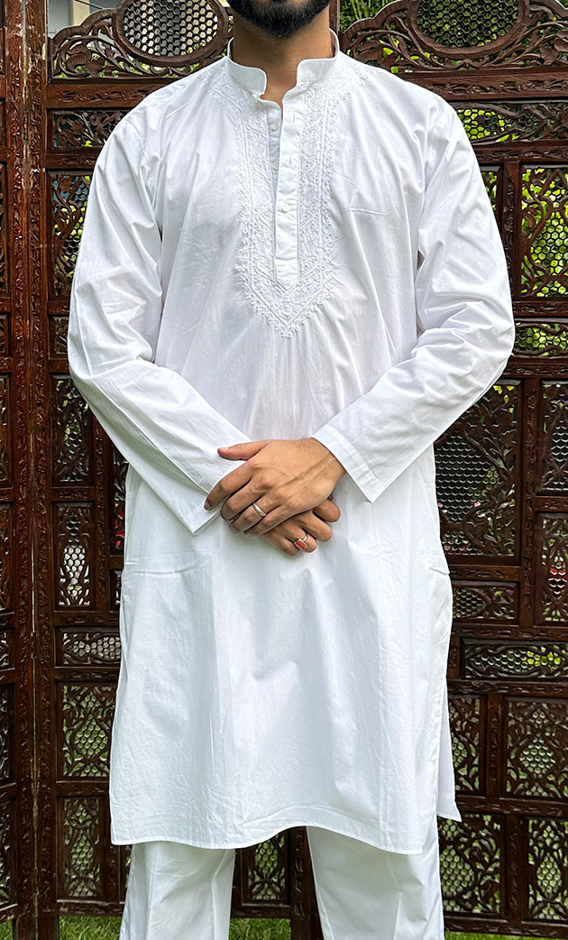 Men's Lucknowi Handcrafted Cotton Chikankari Kurta With Pant HONC0323816