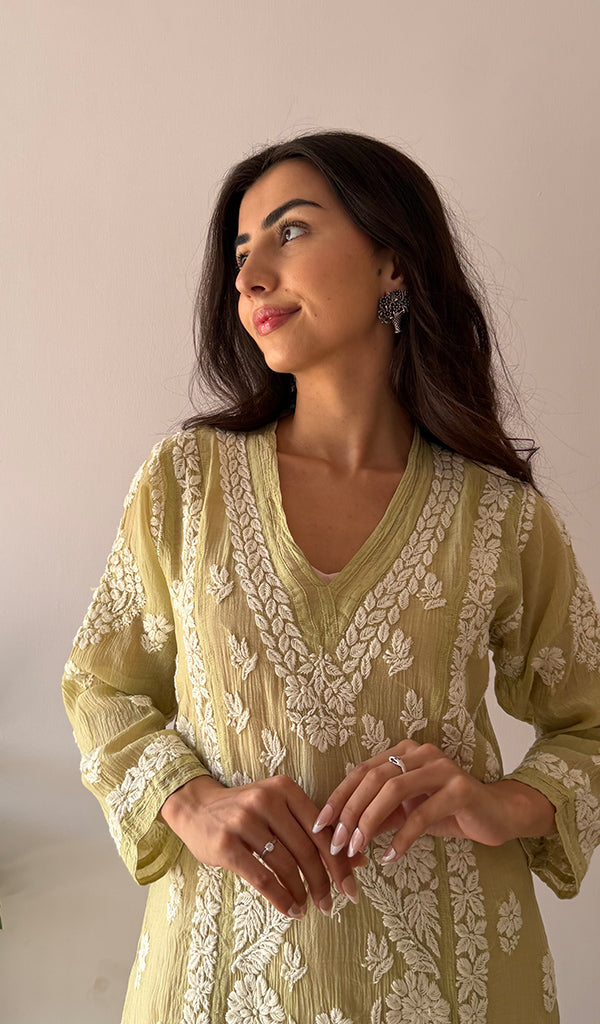 Women's Lucknowi Handcrafted Mul Chanderi Stitched Chikankari Kurta And Plazzo Set-  HONC0378818