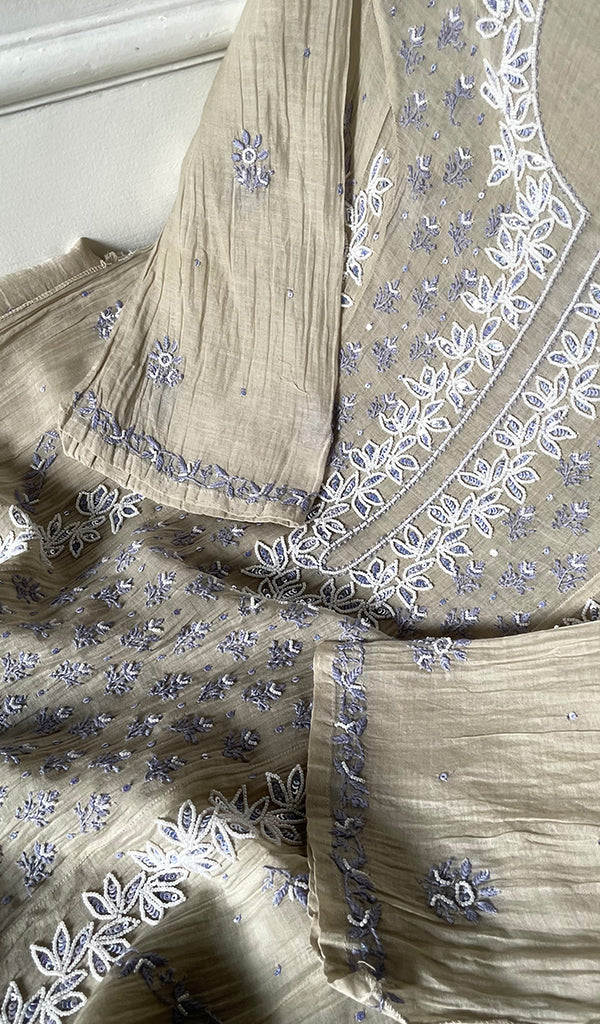 Saziya Women's Lakhnavi Handcrafted Mul Chanderi Semi - stitched Chikankari Full Suit Material - HONC0321286