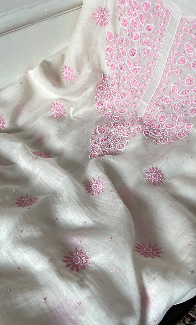 Women's Lakhnavi Handcrafted Unstitched Mul Chanderi Kurta And Dupatta Set - HONC0317815