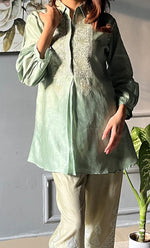 Load image into Gallery viewer, Afifa Women&#39;s Lakhnavi Handcrafted Chanderi Silk Chikankari Top And Pant Set - HONC0307942

