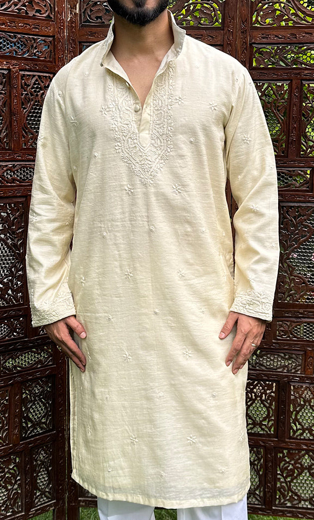 Men's Lucknowi Handcrafted Cotton Chikankari Kurta - HONC0256210
