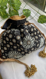 Load image into Gallery viewer, Black Chikankari Embroidered Potli Bag with Golden Bead Tassels - HONC0316098