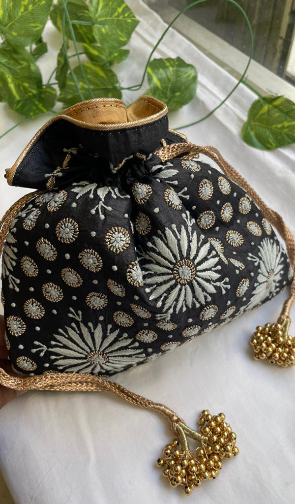 Black Chikankari Embroidered Potli Bag with Golden Bead Tassels - HONC0316098