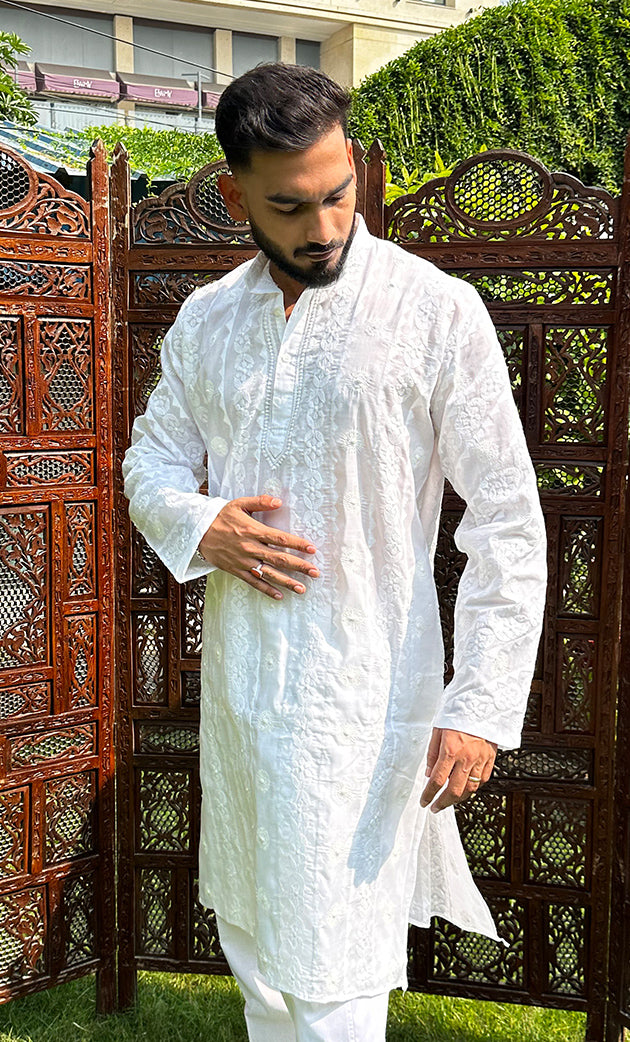 Men's Lucknowi Handcrafted Cotton Chikankari Kurta - HONC0295792
