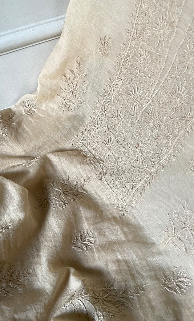 Women's Lakhnavi Handcrafted Mul Chanderi Unstitched Chikankari Full Suit Material - HONC0319529