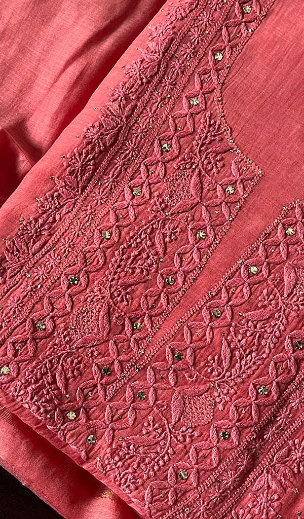 Women's Lakhnavi Handcrafted Mul Chanderi Chikankari Unstitched Kurta Dupatta Set - HONC0236592