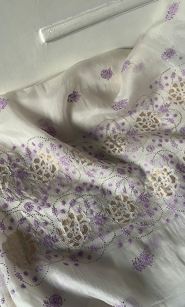 Women's Lakhnavi Handcrafted Pure Organza Chikankari Unstitched Kurta And Dupatta Set- HONC0336955