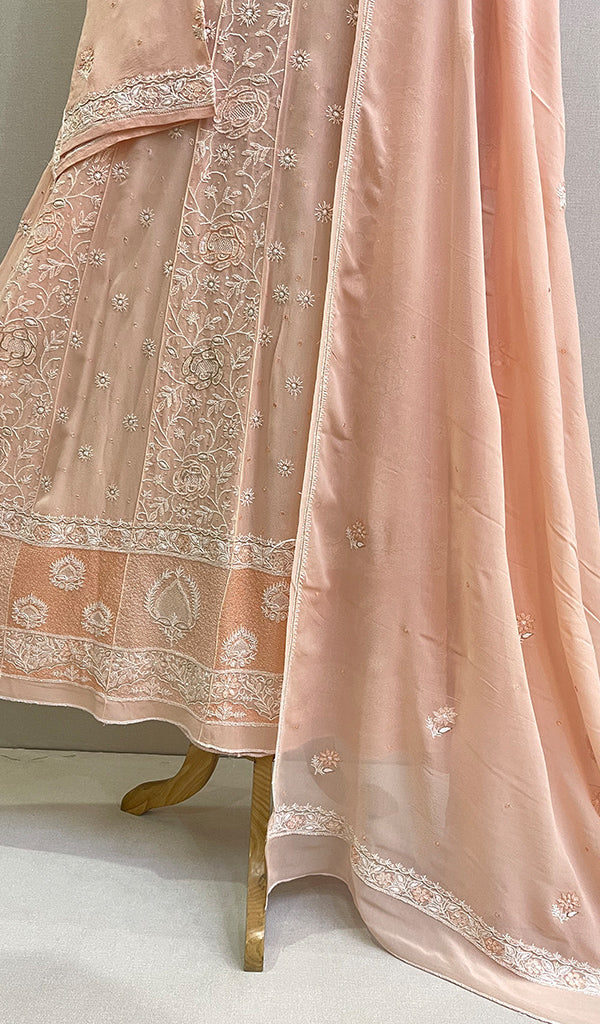 Women's Lakhnavi Handcrafted Pure Silk Georgette Chikankari Kurta And Dupatta Set - HONC0166869