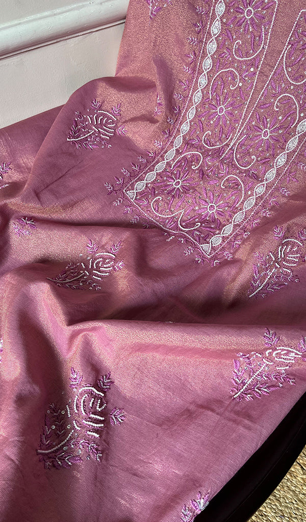 Women's Lakhnavi Handcrafted Tissue Chanderi Chikankari Suit Material - HONC0275988