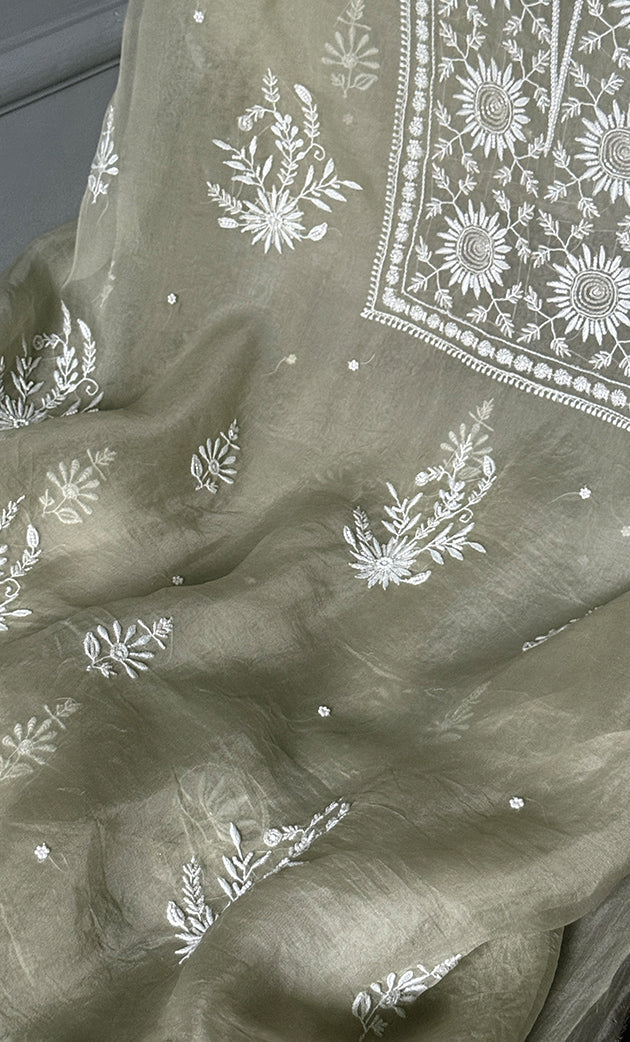 Women's Lakhnavi Handcrafted Pure Organza Chikankari Unstitched Kurta And Dupatta Set- HONC0307947