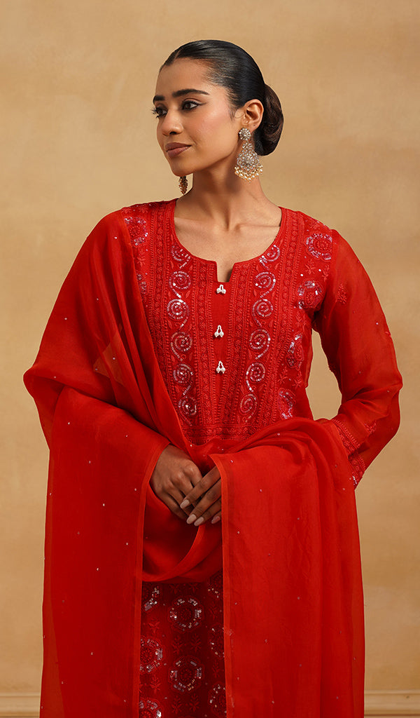 Women's Lucknowi Handcrafted Pure Organza Silk Stitched Chikankari Kurta, Dupatta With Pant Set- HONC0561978