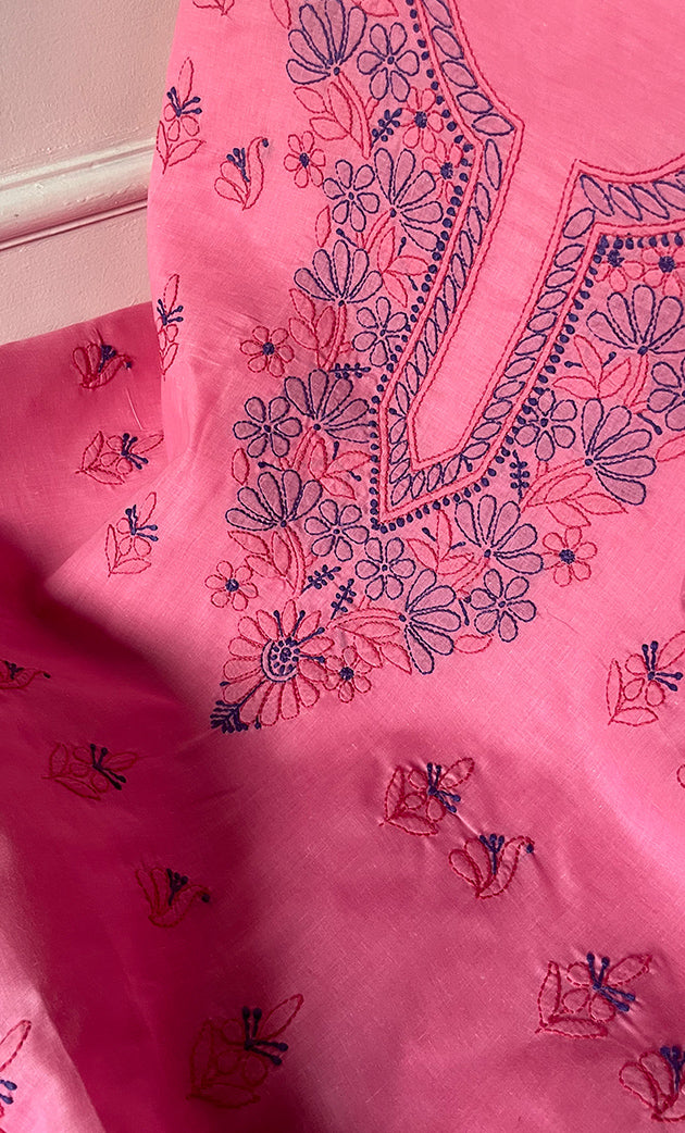 Women's Lakhnavi Handcrafted Unstitched Cotton Chikankari Suit Material - HONC0321792