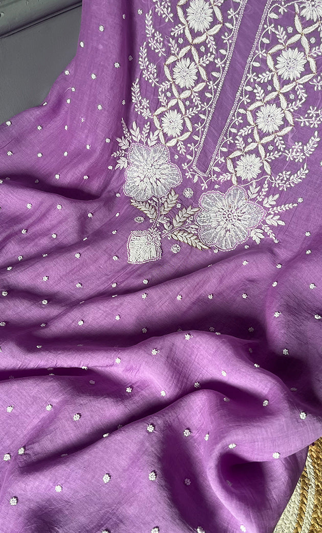 Jazba Women's Lakhnavi Handcrafted Mul Chanderi UnStitched Kurta And Dupatta Set - HONC0301706