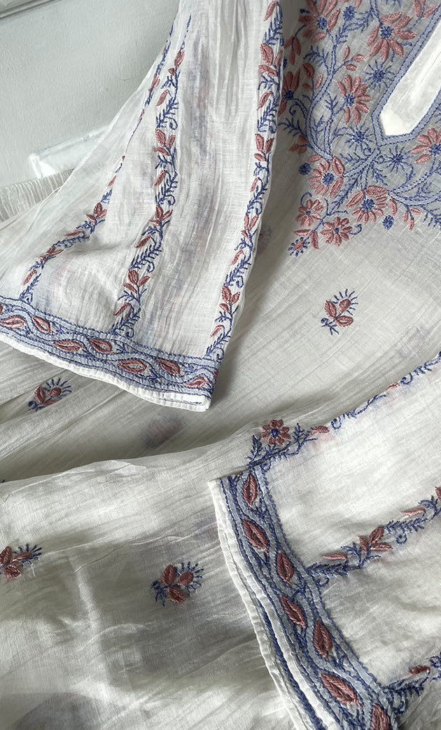 Women's Lakhnavi Handcrafted Mul Chanderi Semi - Stitched Kurta And Dupatta Set - HONC0314230