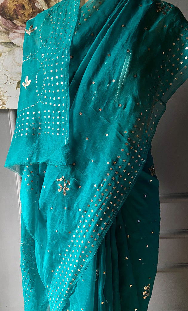 Women's Lucknowi Handcrafted Pure Organza Silk Chikankari Saree - HONC0307594