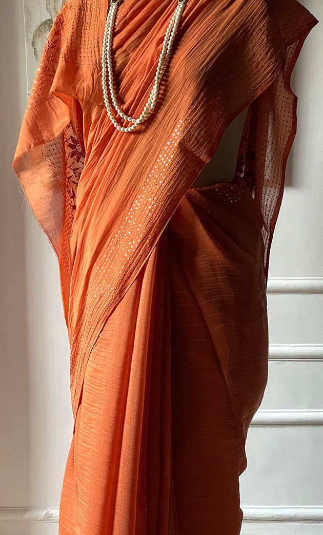 Women's Lakhnavi Handcrafted Mul Chanderi Chikankari Saree - HONC0317893