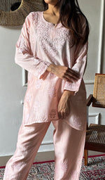 Load image into Gallery viewer, Women's Lakhnavi Handcrafted Chanderi Silk Chikankari Top And Pant Set - HONC0360677