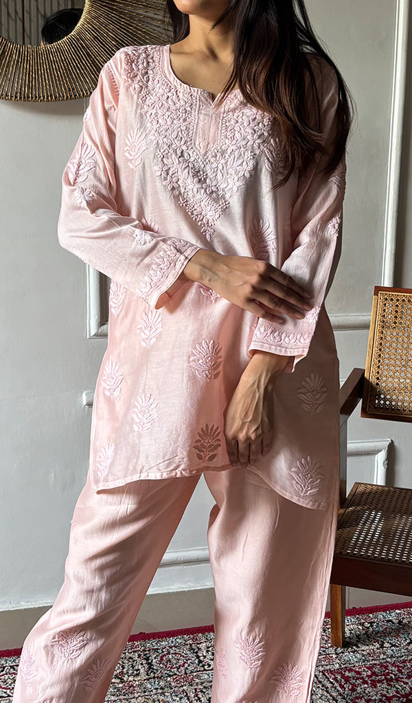 Women's Lakhnavi Handcrafted Chanderi Silk Chikankari Top And Pant Set - HONC0360677