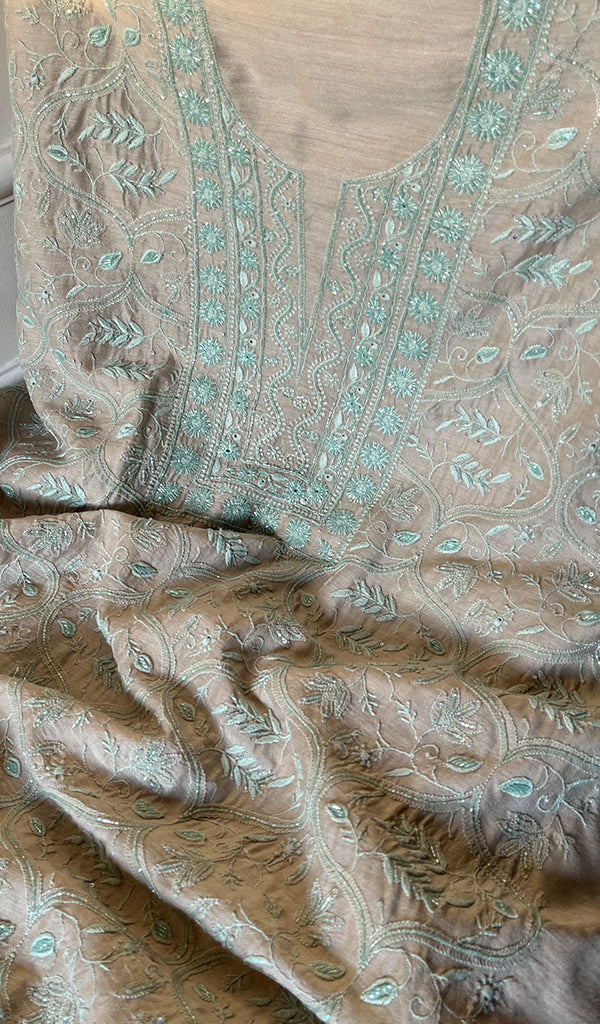 Women's Lakhnavi Handcrafted Unstitched Munga Silk Chikankari Kurta And Dupatta Set- HONC0280936