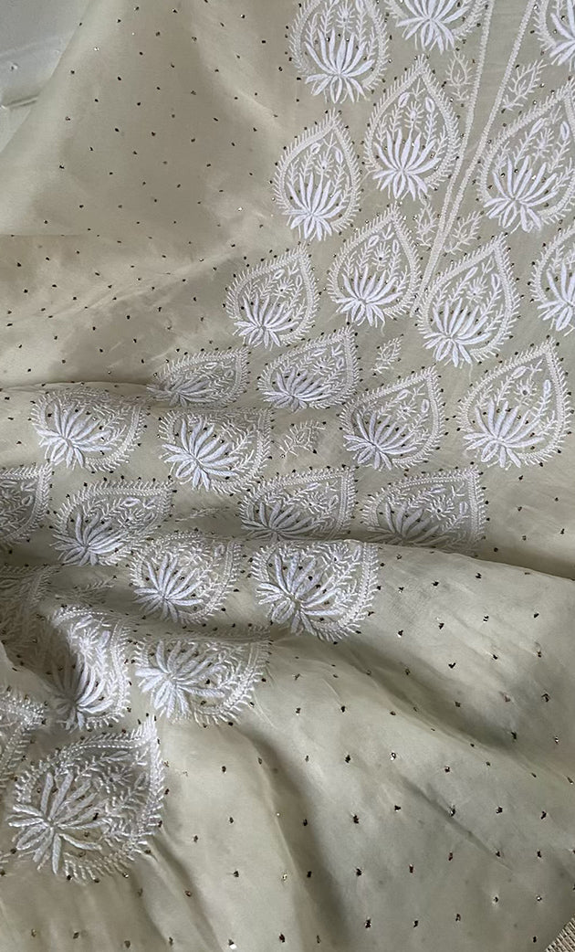 Women's Lakhnavi Handcrafted Pure Organza Chikankari Unstitched Kurta And Dupatta Set- HONC0314851