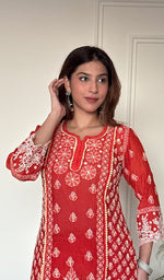 Women's Lucknowi Handcrafted Mul Chanderi Stitched Chikankari Short Kurta And Plazzo Set .