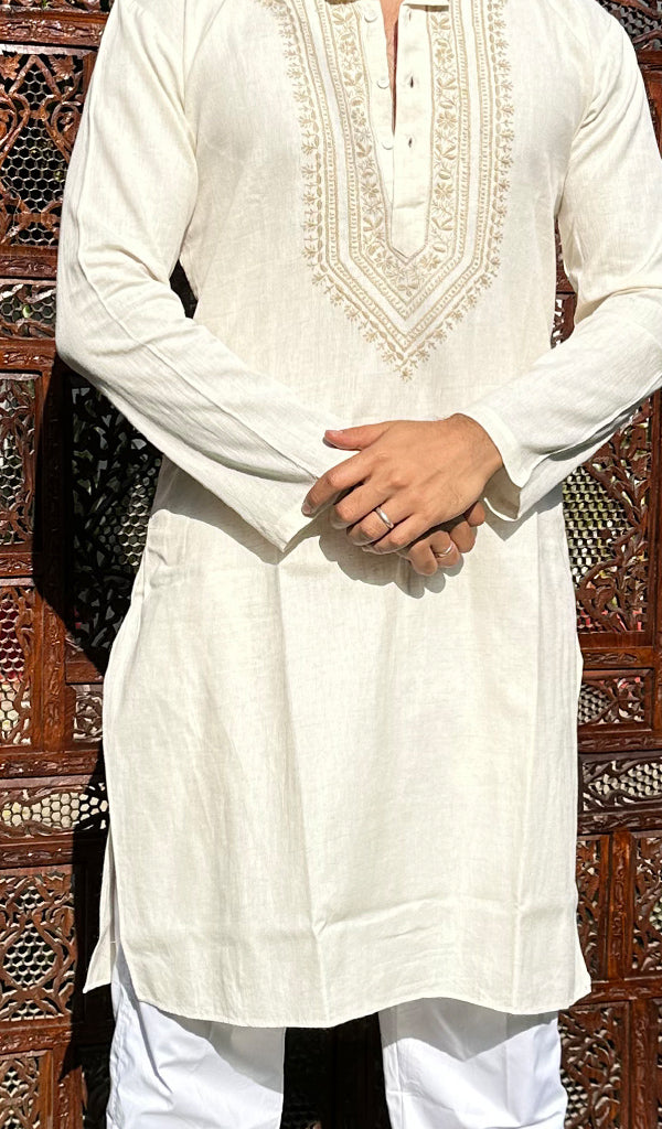 Men's Lucknowi Handcrafted Cotton Chikankari Kurta - HONC0342354