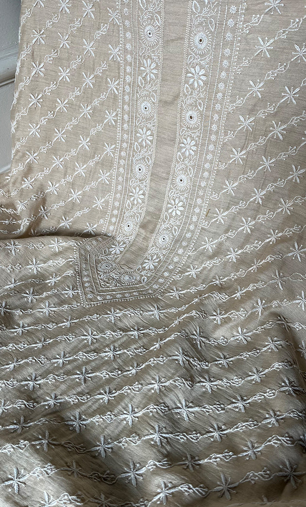 Lucknowi Handcrafted Munga Silk Chikankari Unstitched Men's Kurta Fabric - HONC0337756