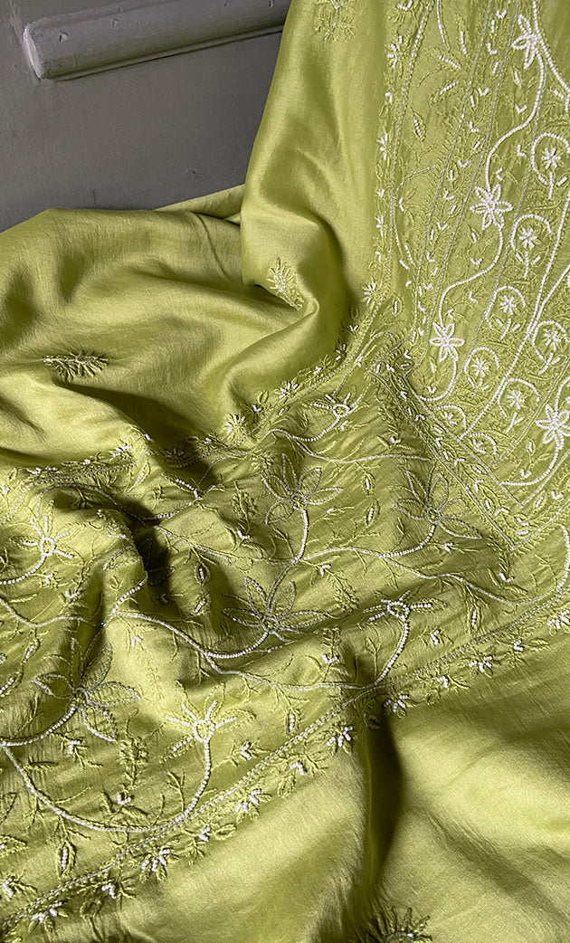 Baseema Women's Lucknowi Handcrafted Chanderi Silk Chikankari Full Suit Material - HONC0278001