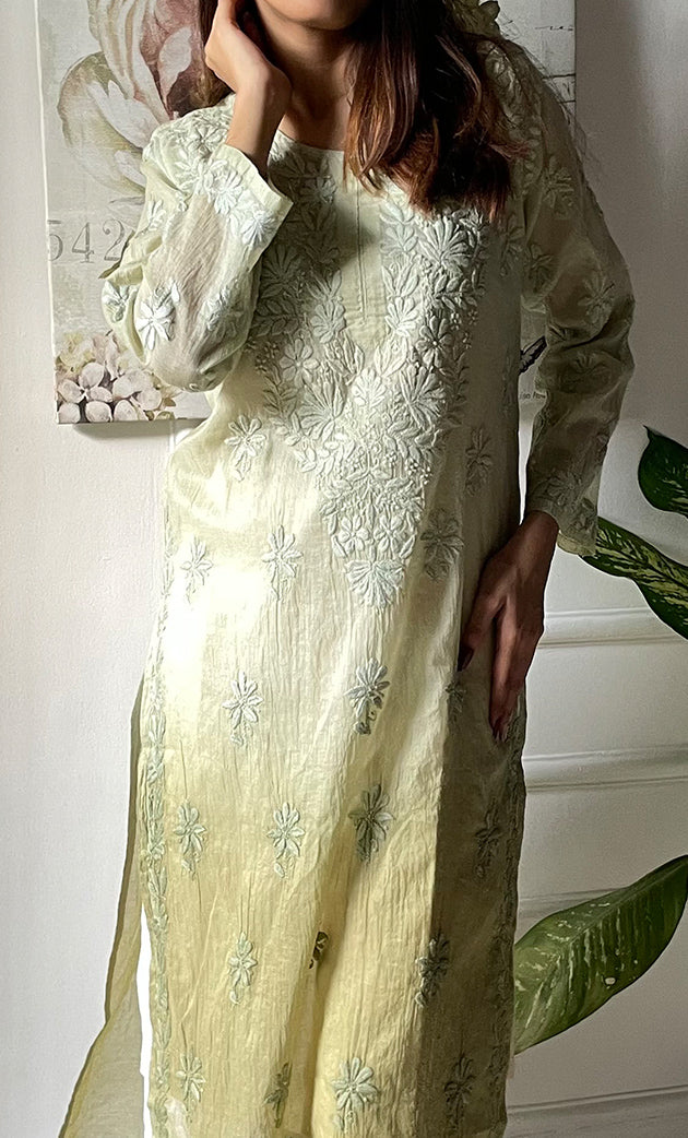 Women's Lucknowi Handcrafted Mul Chanderi Chikankari Kurti - HONC0308108
