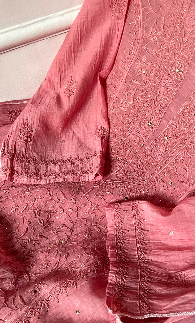 Women's Lakhnavi Handcrafted Mul Chanderi Semi - Stitched Kurta And Dupatta Set - HONC0282422