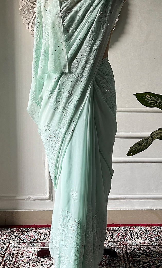 Women's Lakhnavi Handcrafted Viscose Georgette Chikankari Saree - HONC0317904