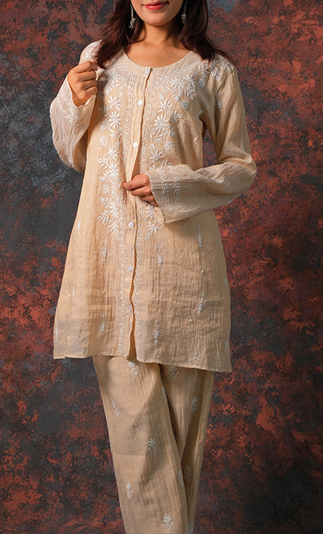 Women's Lakhnavi Handcrafted Tissue chanderi Chikankari Kurta And palazzo Set - HONC0322040