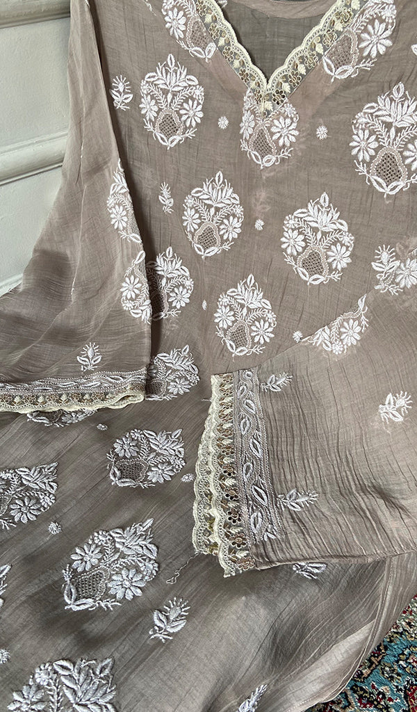 Women's Lakhnavi Handcrafted Mul Chanderi Semi - Stitched Kurta And Dupatta Set - HONC0374243