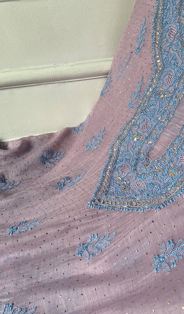 Women's Lakhnavi Handcrafted Mul Chanderi Unstitched Kurta And Dupatta Set - HONC0320354