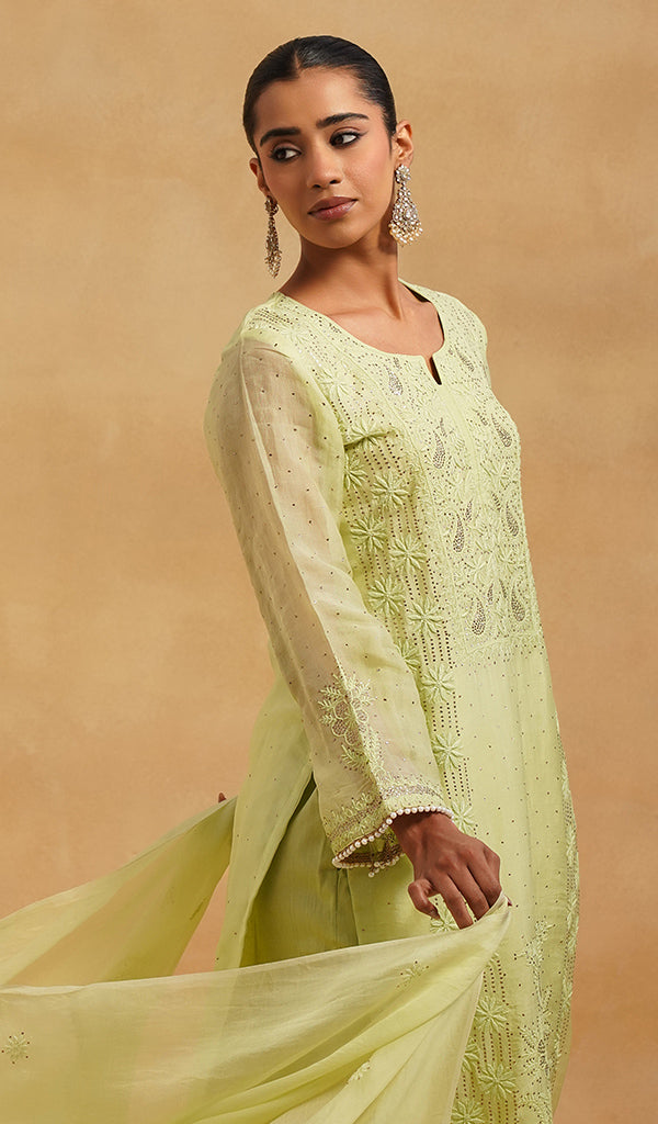 Women's Lucknowi Handcrafted Pure Organza Silk Stitched Chikankari Kurta, Dupatta With Pant Set- HONC06548565