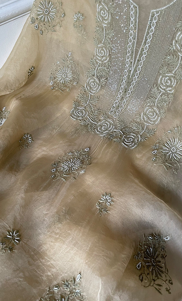 Women's Lakhnavi Handcrafted Pure Organza Chikankari Unstitched Kurta And Dupatta Set- HONC0310183