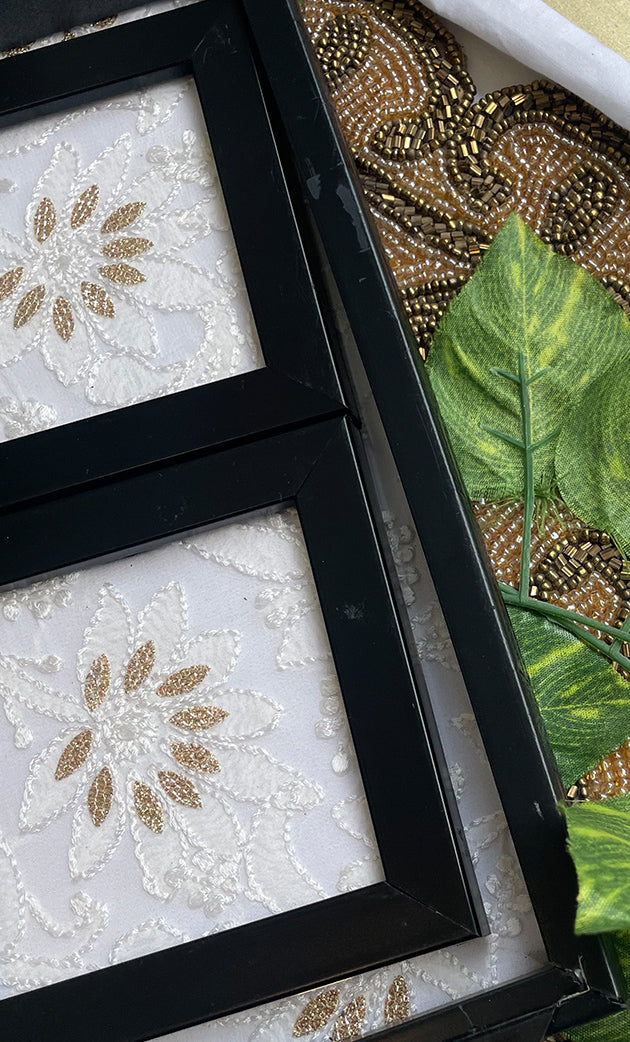 Handcrafted Chikankari Tray with Two Coasters – Wooden Frame - HONC0269377