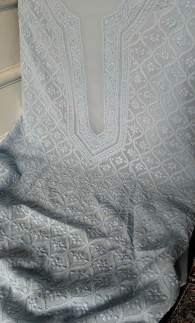Lucknowi Handcrafted Viscose Georgette Chikankari Unstitched Men's Kurta Fabric - HONC0282445