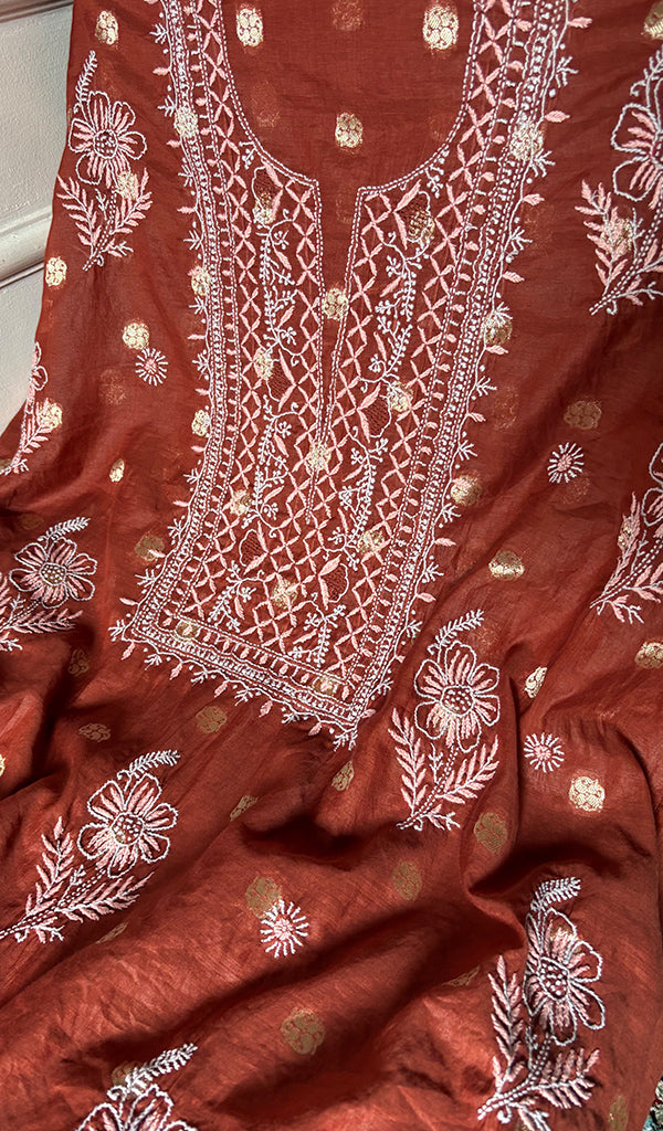 Women's Lakhnavi Handcrafted Mul Chanderi Unstitched Chikankari Full Suit Material - HONC0321896
