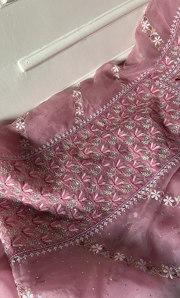 Women's Lakhnavi Handcrafted Pure Organza Chikankari Unstitched Kurta And Dupatta Set- HONC0339421