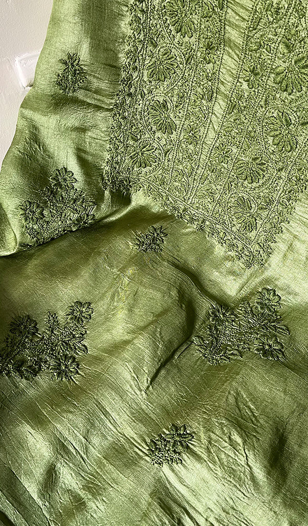 Women's Lakhnavi Handcrafted Tussar Silk Chikankari Full Suit Material -  HONC0269545