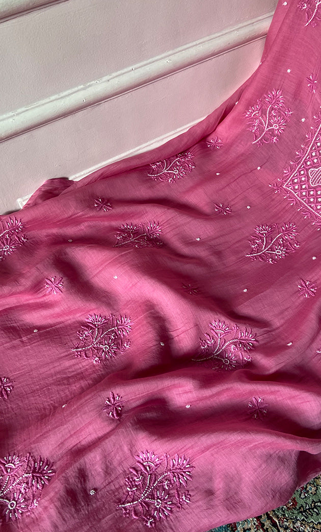 Women's Lakhnavi Handcrafted Unstitchd Mul Chanderi Kurta And Dupatta Set - HONC0310807