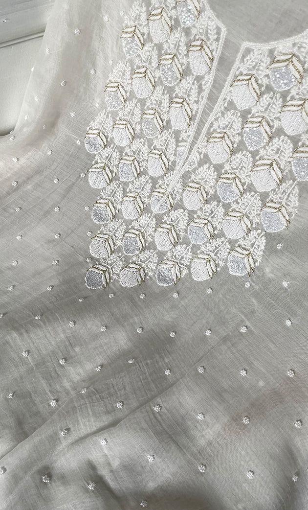 Jazba Women's Lakhnavi Handcrafted Mul Chanderi UnStitched Kurta And Dupatta Set - HONC0320806