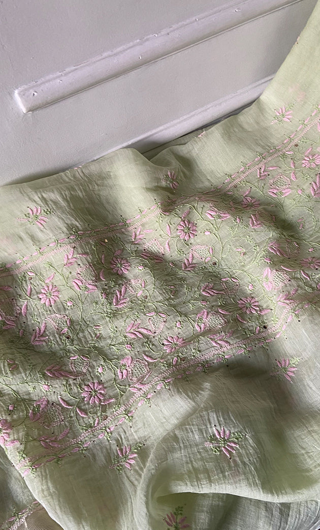 Women's Lakhnavi Handcrafted Mul Chanderi Unstitched Chikankari Full Suit Material - HONC0324497